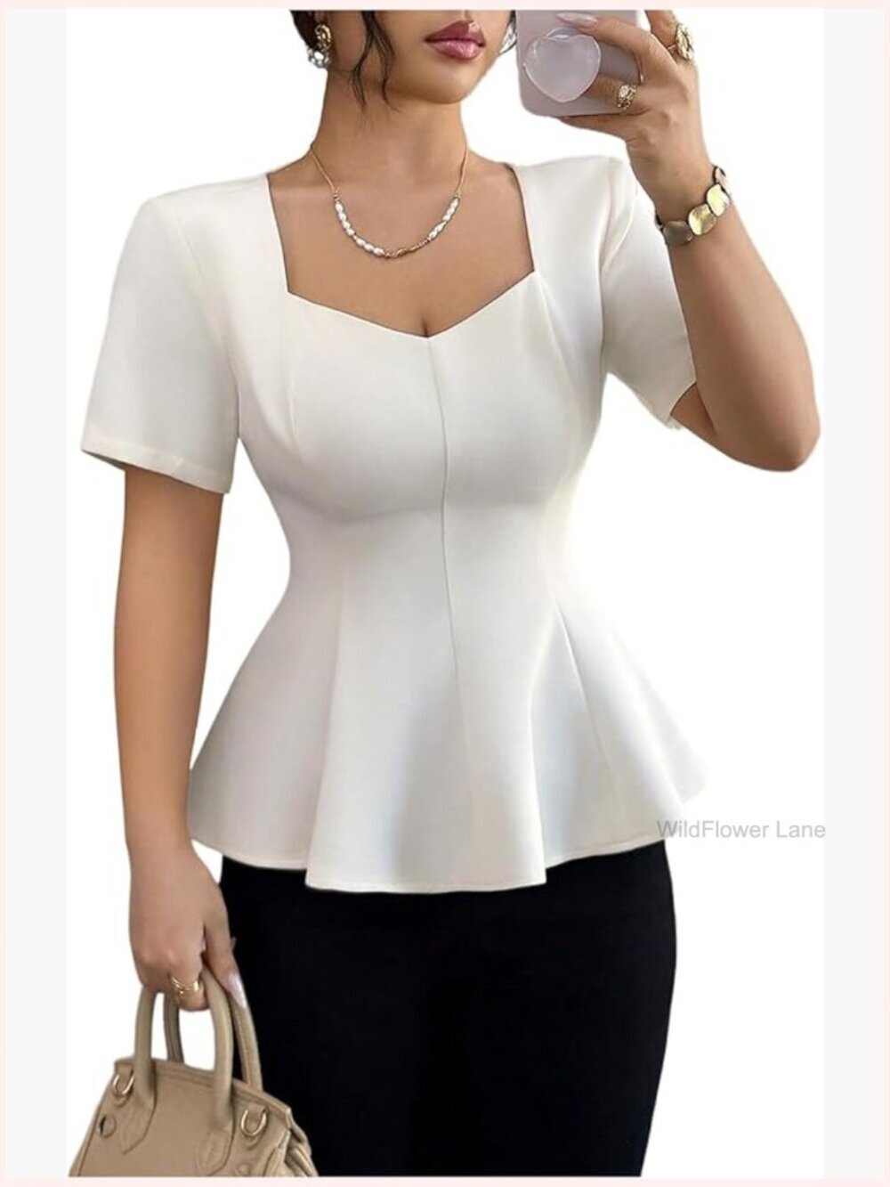 Elegant Dressy Blouse Sweetheart Neck Peplum Work Shirt
